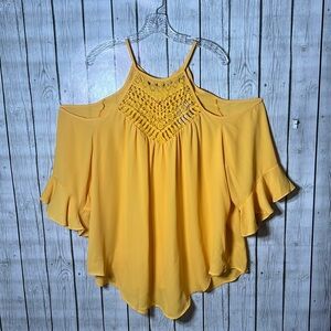 Emery rose yellow lace cold shoulder ruffle sleeve top size 2XL